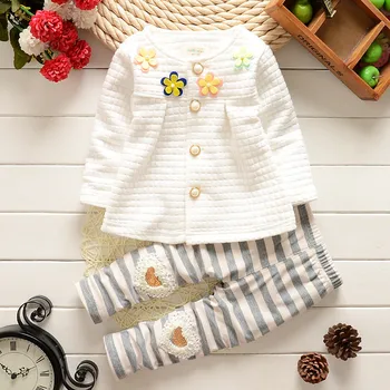 2017. gadam Infant Baby Girl Komplekts Bērniem Meitene Kokvilnas Drēbes ar garām Piedurknēm, Ziedu Krekls+ Svītrainas Bikses 2 Gab Uzvalks Meiteņu Apģērbu Komplekti JW1424