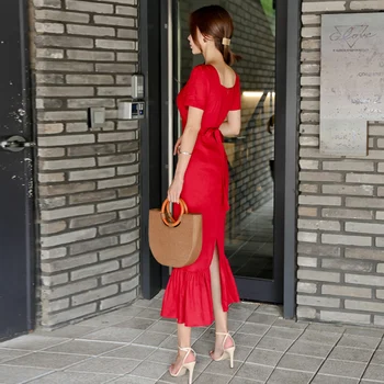 2020. gada Vasaras korejiešu stilā Elegants sieviešu puse kleita ar Kvadrātveida apkakles Impērijas īsām piedurknēm Vintage Bodycon Sirēna kleitas Vestidos