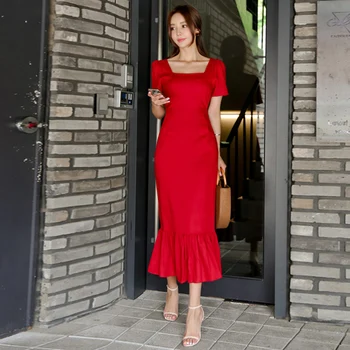 2020. gada Vasaras korejiešu stilā Elegants sieviešu puse kleita ar Kvadrātveida apkakles Impērijas īsām piedurknēm Vintage Bodycon Sirēna kleitas Vestidos