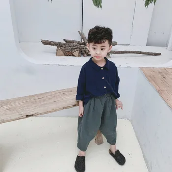 2021. Gada Pavasarī Baby Zēnu Krekli Retro Veļa Kokvilnas Garām Piedurknēm Bērniem Drēbes Ikdienas Topi Kabatas Korejiešu Stila Krekls