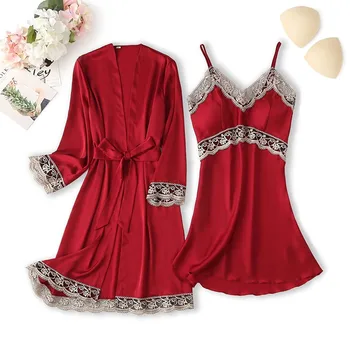 2GAB Tērpu Komplekts Sievietēm Sleepwear Satīna Intīmas Apakšveļa Sexy Viskozes Peldmētelis Kimono Mežģīņu Kleita, Līgava, Līgavas Kāzu Tērpu