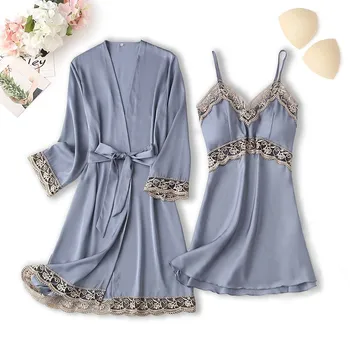 2GAB Tērpu Komplekts Sievietēm Sleepwear Satīna Intīmas Apakšveļa Sexy Viskozes Peldmētelis Kimono Mežģīņu Kleita, Līgava, Līgavas Kāzu Tērpu