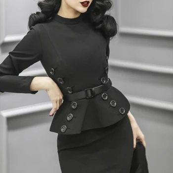 40 - sieviešu vintage 50s elegants ar garām piedurknēm peplum valstīties zīmulis kleita melnā pinup vestidos plus lieluma kleitas jurken drēbes