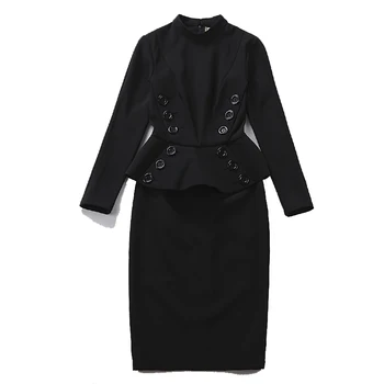 40 - sieviešu vintage 50s elegants ar garām piedurknēm peplum valstīties zīmulis kleita melnā pinup vestidos plus lieluma kleitas jurken drēbes