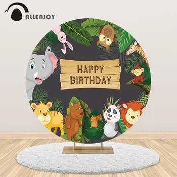Allenjoy Džungļu Pusi, Apaļi Fona Segtu Safari Savvaļas Aninals Happy Birthday Photozone Banner Svinēt Kid Baby Dušas Dekori