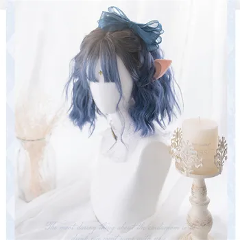Anime Slīpuma rampu Melna Zila Lolita Cosplay Parūka Halovīni Meitene Hairpiece Cirtaini Mati Periwig 31 cm Parūka, tikai Bez papildaprīkojuma
