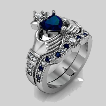 Augstas kvalitātes akcentu zilā cz ZILS sirds kubiskā cirkonija kāzu solījumu gredzenu komplektu īru Claddagh 925 sudraba Gredzens