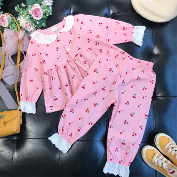 Baby Girl Mežģīnes Pidžamas Komplekts Kokvilnas Krekls+Elsas 2GAB Pavasara Vasaras Bērnu Sleepwear Pogu garām Piedurknēm Baby Home Lounge Uzvalks Drēbes