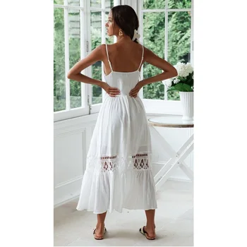 Balts Mežģīņu Vasaras Kleita 2019 Sievietes Sexy Piedurknēm Dobi No Spageti Maxi Kleita Dāmas V Kakla Beach Gadījuma Elegants Vestidos