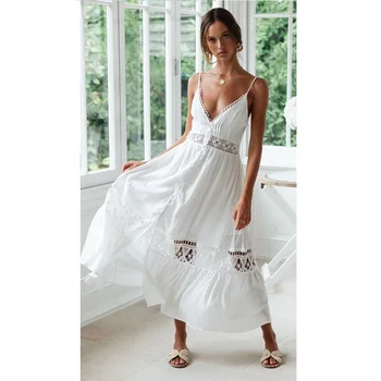 Balts Mežģīņu Vasaras Kleita 2019 Sievietes Sexy Piedurknēm Dobi No Spageti Maxi Kleita Dāmas V Kakla Beach Gadījuma Elegants Vestidos
