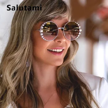 Baltā Pērle Apaļas Saulesbrilles Sieviešu 2019 Luksusa Zīmolu Sakausējuma Rāmis Vintage Saules Brilles Dāmas Vintage Uv400 Ieplests Toņos