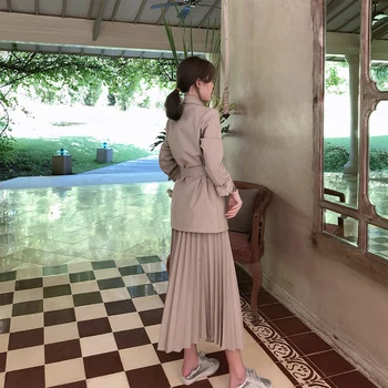Biroja Dāma Darba Stilu, 2 Gab. Komplekts Sievietēm Vērtnes Žakete + Augsta Vidukļa Kroku svārki Modes Tērps Sieviešu korejiešu ielu modes