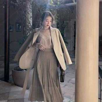 Biroja Dāma Darba Stilu, 2 Gab. Komplekts Sievietēm Vērtnes Žakete + Augsta Vidukļa Kroku svārki Modes Tērps Sieviešu korejiešu ielu modes