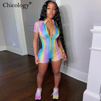 Chicology varavīksnes shin mirdzēt rāvējslēdzēju playsuit sexy bodycon streetwear sieviešu 2020. gada vasaras īsu apģērbu modes krāsains romper