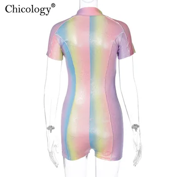 Chicology varavīksnes shin mirdzēt rāvējslēdzēju playsuit sexy bodycon streetwear sieviešu 2020. gada vasaras īsu apģērbu modes krāsains romper