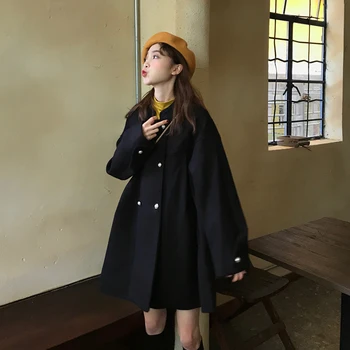 Cotday Vilnas Zaudēt Garu Melnu Dubultā Krūtīm 2020. Gadam, Modes Rudenī Korejiešu Stilā Vintage Elegants Ziemas Sievieti Vilnas Maisījums Mētelis