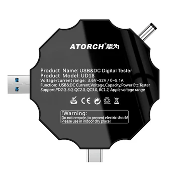 DC5.5 USB 3.0 Tips-C 18 1 USB testeri DC ciparu voltmetrs power bank lādētāja spriegums strāvas ammeter detektoru QC/PD3.0 mērītājs