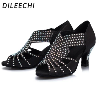 DILEECHI Diamond Black Satin Sieviešu latīņamerikas deju kurpes Kāzu Tango, Salsa Party Square deju kurpes 6cm Vidēja papēža
