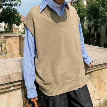 Džemperis Veste Vīriešiem korejiešu Stilā, Modes Atpūtas Vienkāršu V-veida kakla Studentiem Džemperi Zaudēt Cietā Piedurknēm Outwear Visu maču Vintage