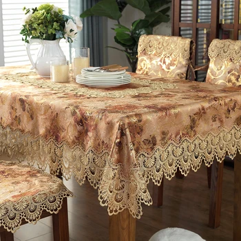 Eiropā luksusa izšūts galdauts, galda pusdienu galda segums apaļā galda audums Tumši brūna ziedu Mežģīnes mērci TV segtu HM167