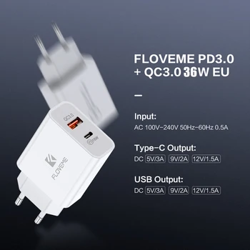 FLOVEME PD Lādētāju 36W Dual USB Ātrās Uzlādes 3.0 Lādētājs iPhone 12 11 Xiaomi QC 3.0 Cargador Mobilo Telefonu Lādētāju Adapte
