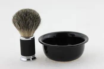 FS-#MI20-SET2, Sajauc Āpšu Skūšanās Komplekts ar Metāla melns rokturis 20mm, Melnās Keramikas skūšanās bļoda/krūze