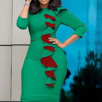 Falbala Kokteilis Kleitas, Sieviešu 2020. Gada Vasaras Modes Cietā Zaļa Apaļa Kakla Džemperis Vidum Teļš Kokteilis Kleitas, Eleganti Apģērbi