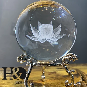 H&D 60mm 3D Lāzera Iegravēts Lotosa Ziedu Stikla Bumba Kristāla Dziedināšanas Bumbu Miniatūras Jomā Home Decoration Accessories ar Statīvu