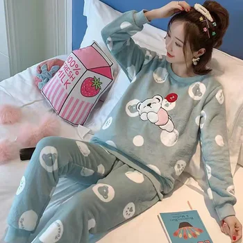 Ir 2021. Pavasarī, Ziemā Silts Sieviešu Pidžamas Komplekti Bieza Koraļļu Samta Garām Piedurknēm Karikatūra Sleepwear Tievu Sieviešu Pidžamas Komplekts Meitene