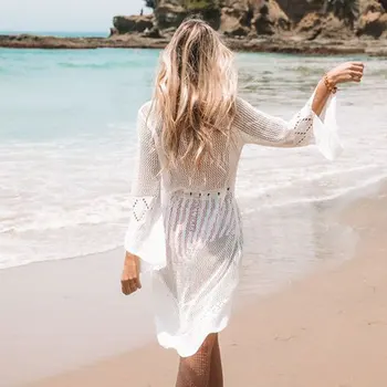 Ir 2021. Vasaras Sieviešu Beachwear Sexy White Tamborēšanas Tunika Beach Wrap Kleita Sieviete, Peldbikses, Peldkostīmu Cover-ups Bikini uz Augšu, #Q719