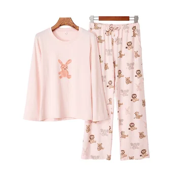 Japānas jaunā stila garām piedurknēm, garās pidžamas dāmām pavasarī un rudenī dzīvnieku print kokvilnas kravu karikatūra mājās pakalpojumu uzvalks