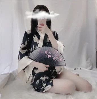 Japāņu Kimono Sexy Cosplay Apģērbs Sieviešu Tradicionālo Stilu Drēbes Yukata Kostīmi Miega Topi Pidžamu Mīksta Zīda Jostu Komplekts Melns