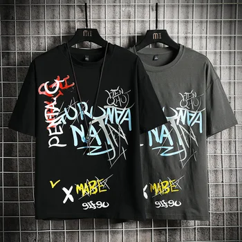 Japāņu Streetwear T Kreklu grafiti Vasaras Mens Harajuku Kokvilnas T-Krekls Vīriešu korejas Lielajam Topi 5XL Tees
