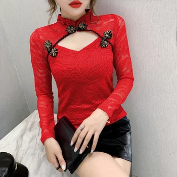 Jaunajā 2020. gada Rudenī long sleeve sieviešu t-krekli Modes sexy dobi no mežģīņu topi Ķīniešu stilā sievietēm mežģīņu krekls plus lieluma blusas