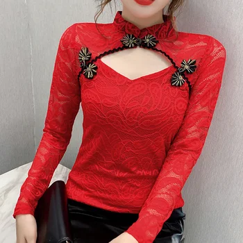 Jaunajā 2020. gada Rudenī long sleeve sieviešu t-krekli Modes sexy dobi no mežģīņu topi Ķīniešu stilā sievietēm mežģīņu krekls plus lieluma blusas
