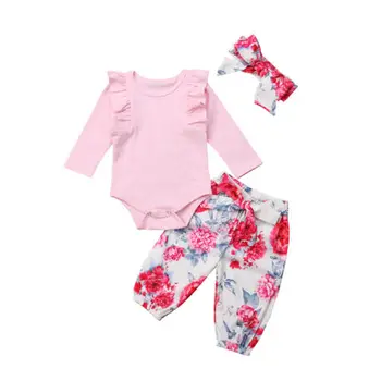 Jaundzimušais Meitenes ar Ziedu rakstu Rozā krāsā ar garām Piedurknēm Bodysuit Romper Bikses 3Pcs Apģērbs, Apģērbu Komplekts