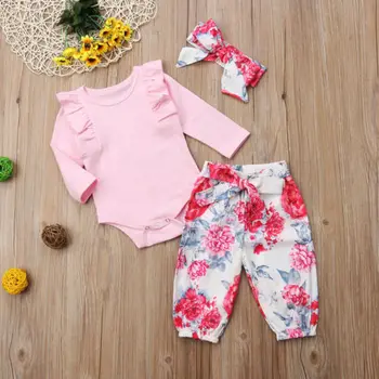 Jaundzimušais Meitenes ar Ziedu rakstu Rozā krāsā ar garām Piedurknēm Bodysuit Romper Bikses 3Pcs Apģērbs, Apģērbu Komplekts