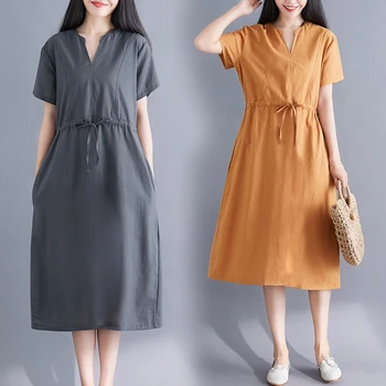 Kokvilnas un lina sieviešu kleitas 2020. gada vasarā jaunu v-veida kakla īsām piedurknēm slim augsts viduklis pusgarās dāmu kleitas