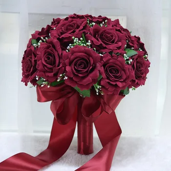 Kāzu Rožu Līgavu Pušķi, Līgavas Turot Ziedus Līgavas Mākslīgā Bordo Rozes Pušķi, Kāzu Valentīna Dienā KG06