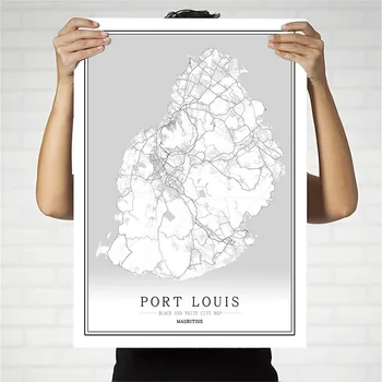 Maurīcija Radošās pilsētas karte, Port Louis Abstraktā Audekls Gleznas Melnās un baltās Sienas Art Print Plakātu Grafiskās Mājas Apdare