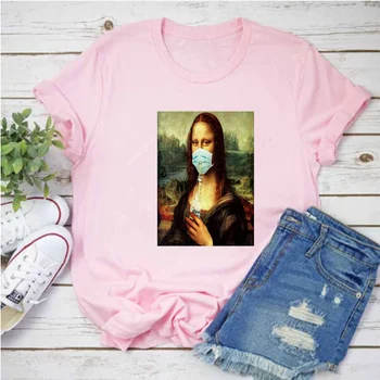 Mayos Mona Lisa Harajuku Estētisko T-krekls Dāmas Retro Ullzang Iespiests T-krekls 90s Karikatūra Četru krāsu Gadījuma Augšu