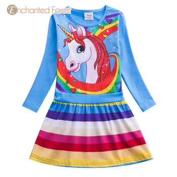 Meitenes dresse ir 2019 jaunā pavasara unicorn drukāt varavīksnes strīpas meitene garām piedurknēm kleita bērnu drēbītes meitenēm princese kleita