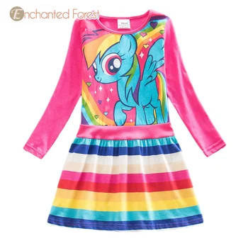 Meitenes dresse ir 2019 jaunā pavasara unicorn drukāt varavīksnes strīpas meitene garām piedurknēm kleita bērnu drēbītes meitenēm princese kleita