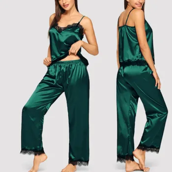 Modes Elegants Sieviešu, Dāmu Zīda Satīna Sleepwear Babydoll Sexy Apakšveļa Naktsveļu Ilgi, Pidžamas Komplekts Gadījuma