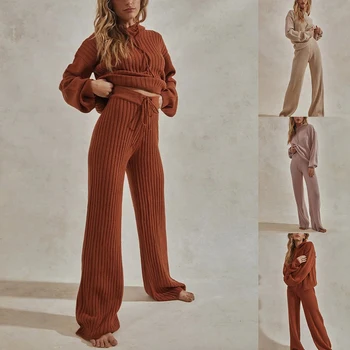 Modes Trikotāžas Džemperis Treniņtērpi 2 Vintage Gabals, Kas Sievietēm Elastīgas Garās Bikses Uzvalki Rudens Ziemas Džemperis Ikdienas Uzvalki