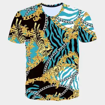 Modes Zīmolu Zils T-krekls Vīriešiem Luksusa Baroka T krekli Gothic 3D Golden Flower Royal Vīriešu Apģērbu, 2019. Gada Vasaras Ikdienas Topi, t-veida