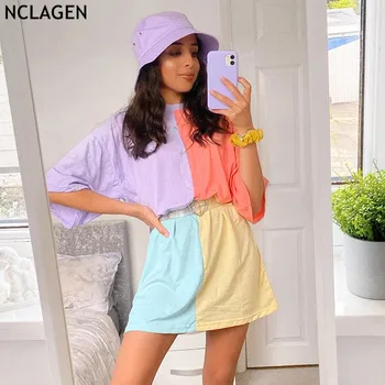 NCLAGEN Candy Color Block Plus Lieluma T Krekls Sievietēm Zaudēt Gadījuma Hip Hop Topi Streetwear Tshirt Sieviešu Lielgabarīta Kokvilnas Vasaras Tee