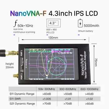 NanoVNA -F VNA Nano Portatīvo Vektora Tīkla Analizators SWR Mērītājs 50KHz-1000MHz 4.3 Collu IPS TFT Digitālo Īsviļņu MF un HF, VHF