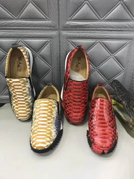 Nesen augstākās kvalitātes patiesu python ādas vīriešu kurpes fashin atpūtas dzīvoklis apavu stipras, cietas vītne apavu bāzes sarkanā, dzeltenā oranžā krāsas