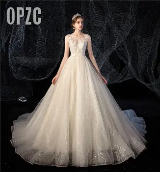 New augstas kvalitātes Mežģīnes Greznība Sequin kāzu kleitu Vestidos De Novia līgava Salds O kakla sapnis princese Puse izmēra Drēbes De Mariee